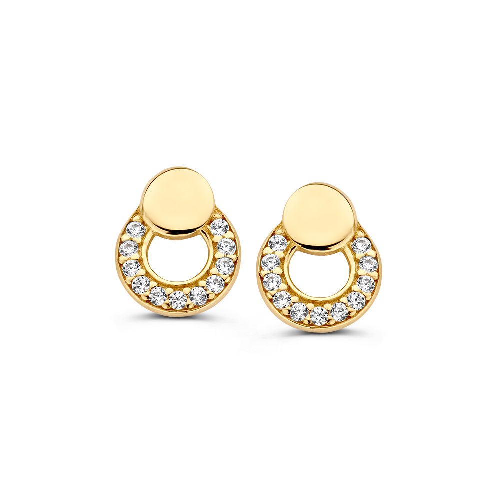 Orecchini in oro giallo con zirconi, forma rotonda e design raffinato.