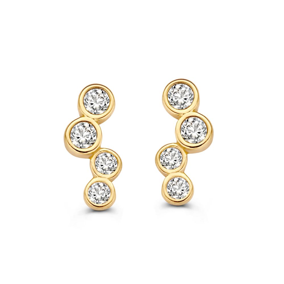 Orecchini in oro giallo 14 carati con zircone, design a forma di goccia con pietre brillanti.