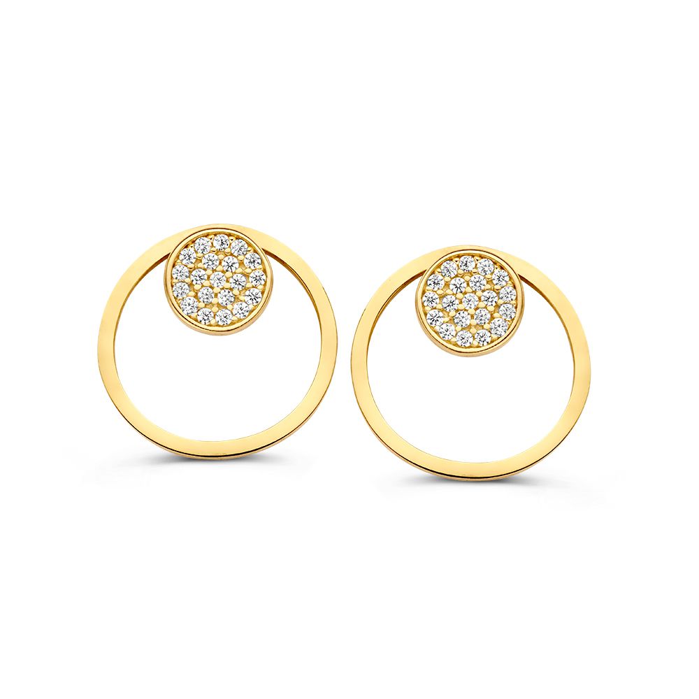 Orecchini in oro giallo con zirconi, design giocoso, forma circolare con dettagli brillanti.