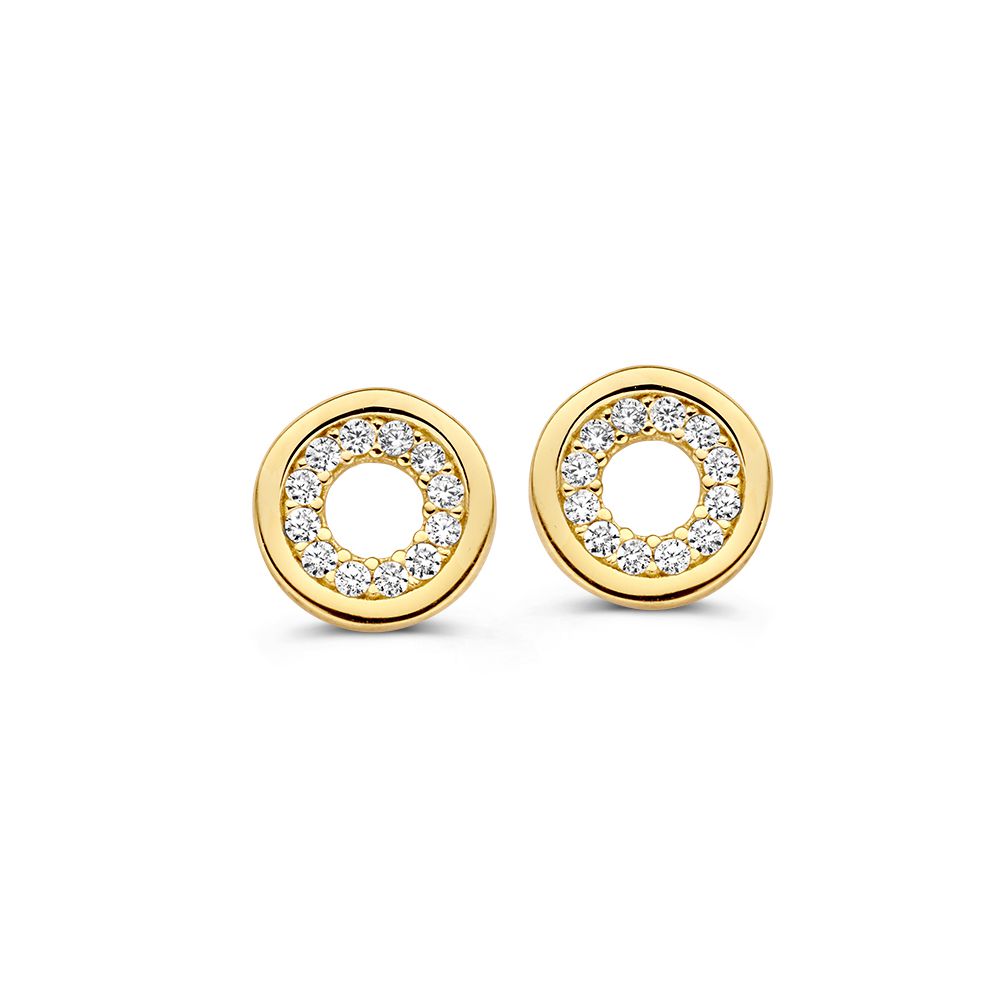 Orecchini in oro giallo con zirconi, design rotondo e finitura lucida.