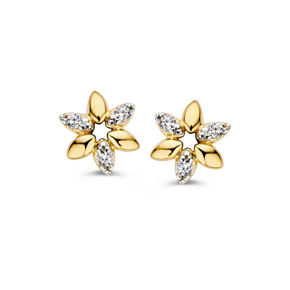 Orecchini a forma di fiore in oro giallo 14 carati con zirconi.