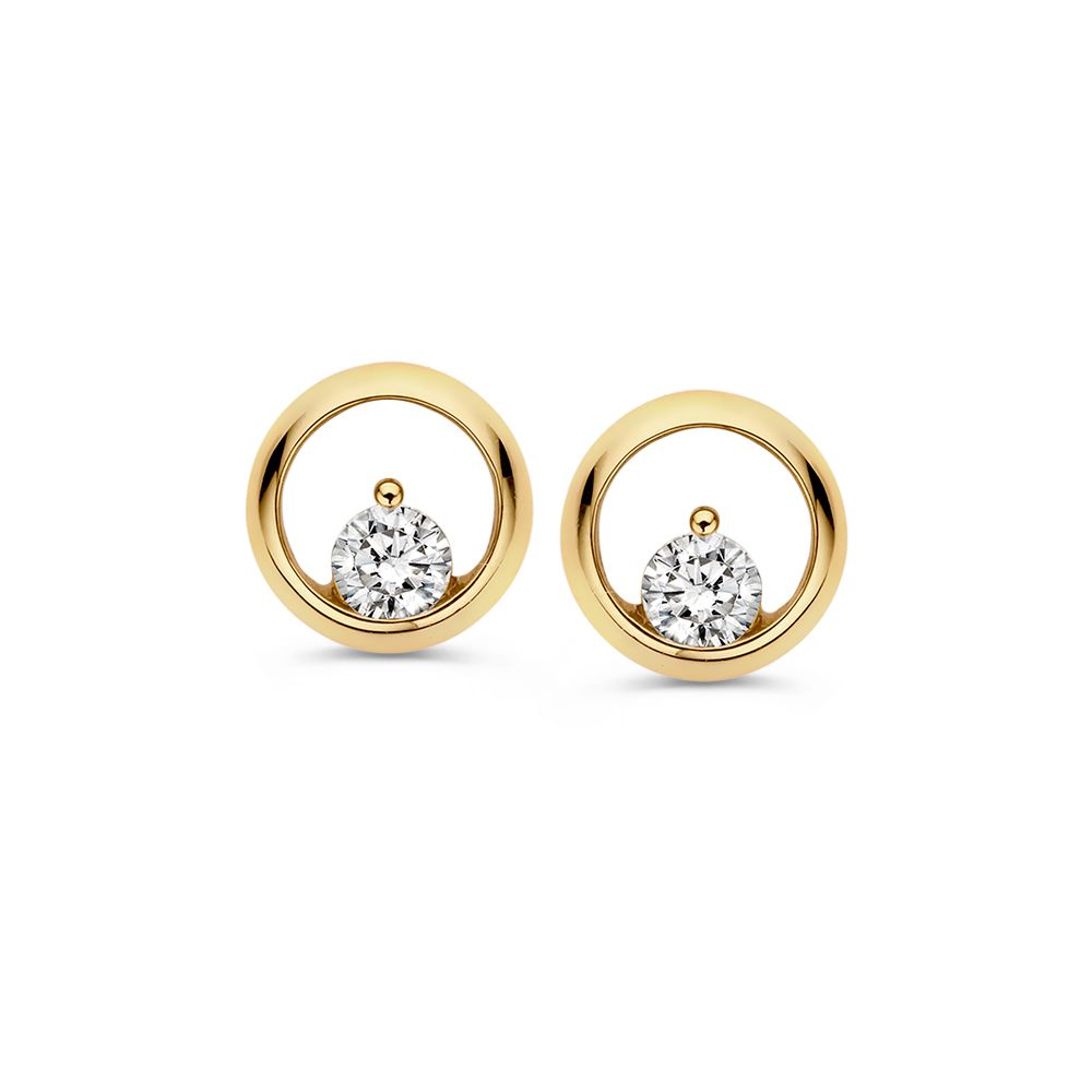 Orecchini in oro giallo 14 carati con zircone, design circolare e dettagli brillanti.