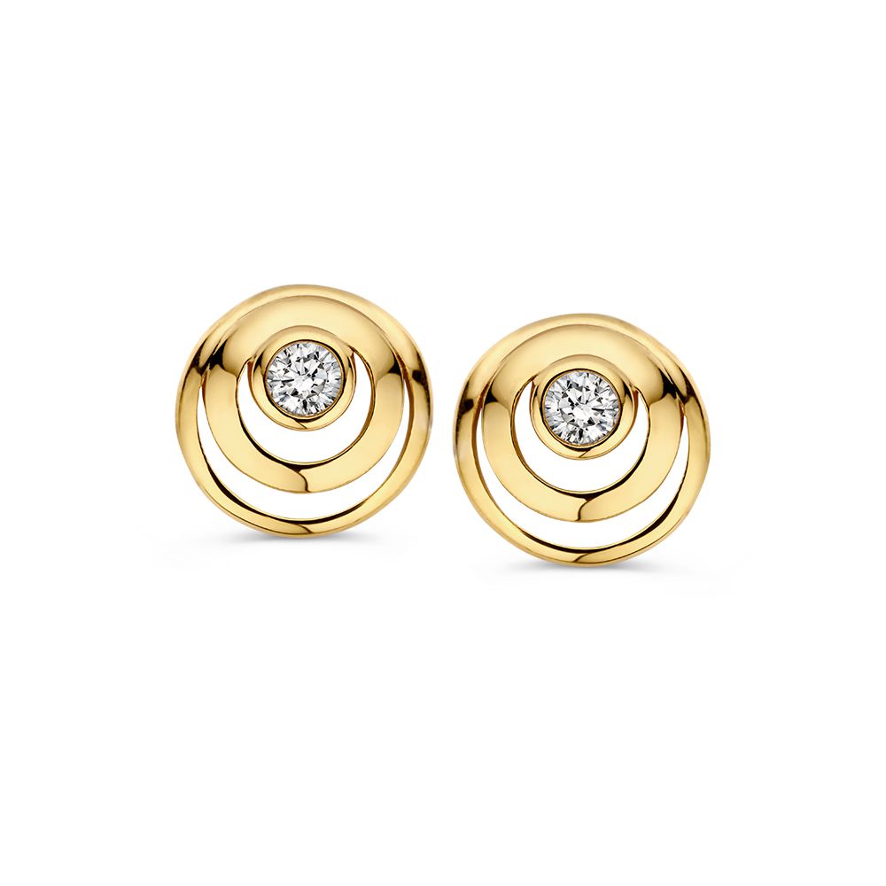 Orecchini in oro giallo 14 carati con zircone, design elegante e senza tempo, forma circolare.