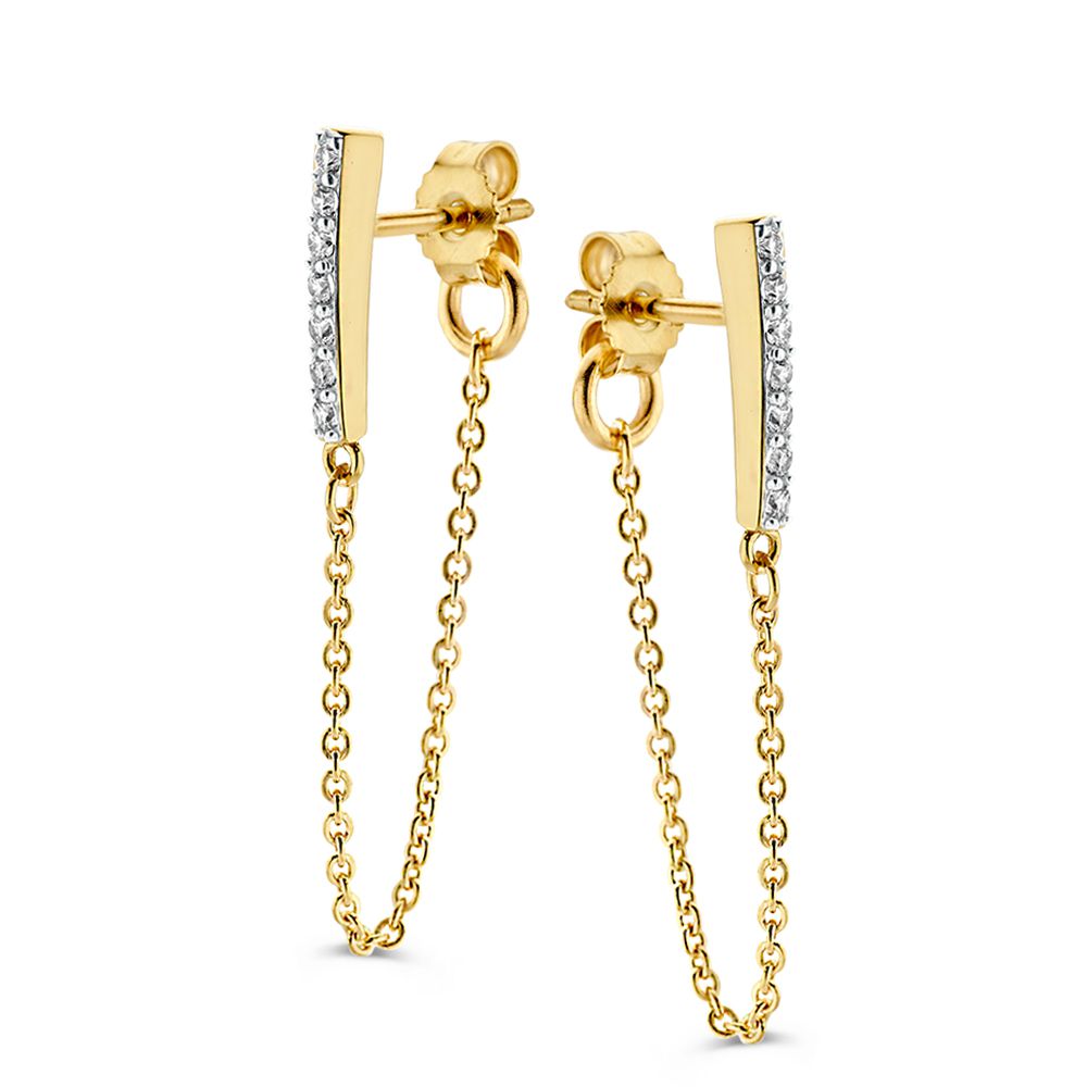 Orecchini in oro giallo 14 carati con zircone, design elegante con catena pendente.