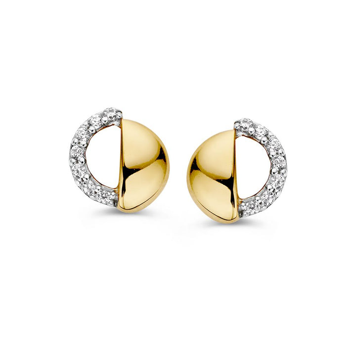 Bicolor Wit- en Geelgouden Oorknoppen met Zirkonia’s – 14 Karaat, Elegantie in Twee Kleuren