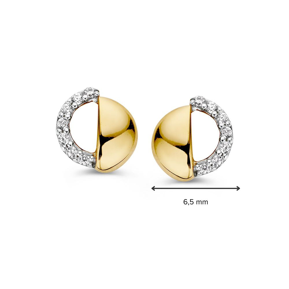 Orecchini a Bottone Bicolore in Oro Bianco e Giallo con Zirconi – 14 Carati, Eleganza in Due Colori