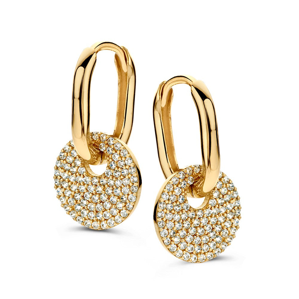 Orecchini ovali in oro giallo 14 carati con pendenti in zirconia, regolabili e lussuosi.