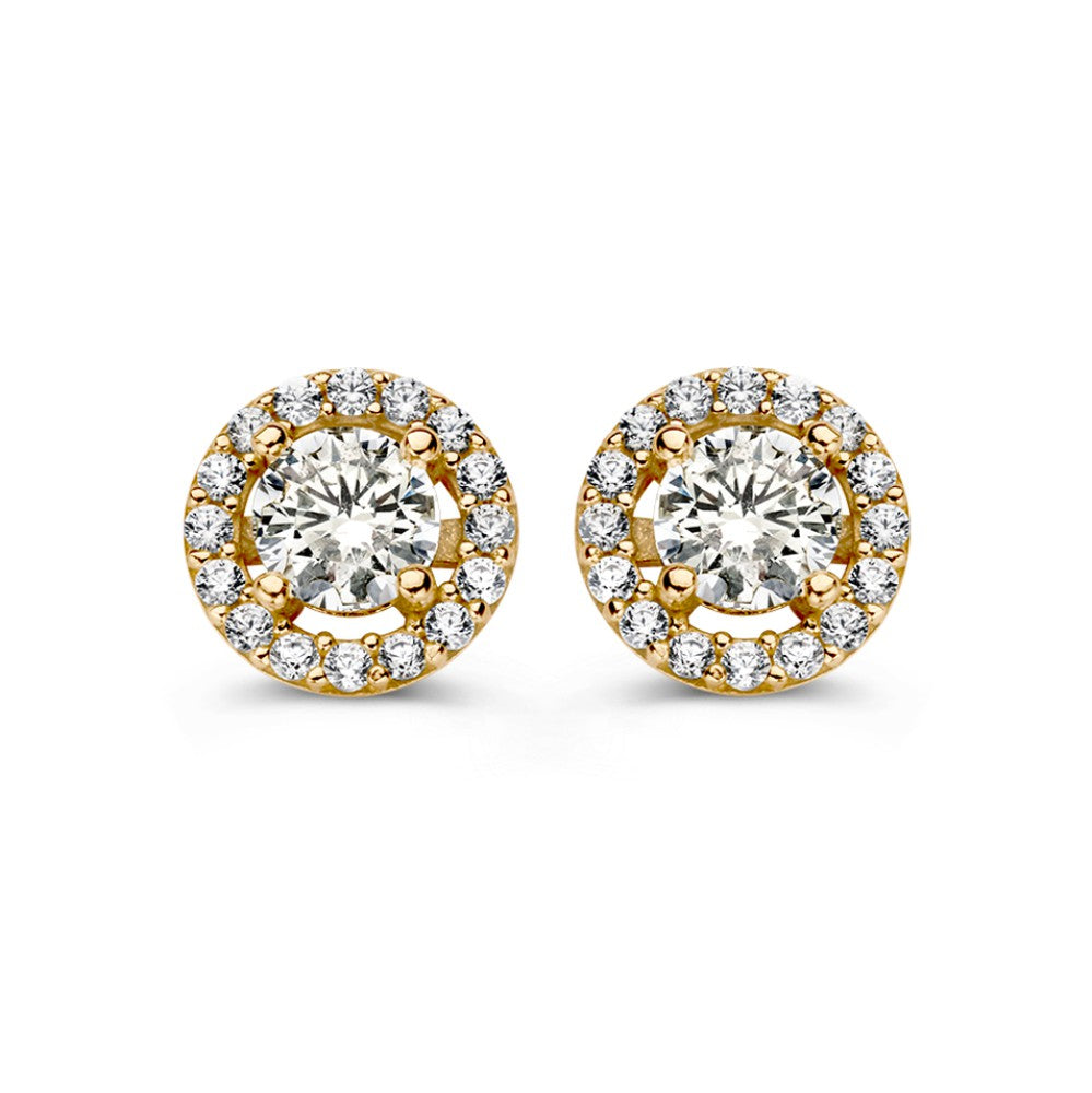 Orecchini in oro giallo con zirconi in incastonatura halo, design rotondo.