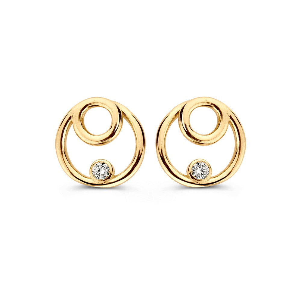 Orecchini in oro giallo 14 carati con zircone, design circolare e dettagli eleganti.