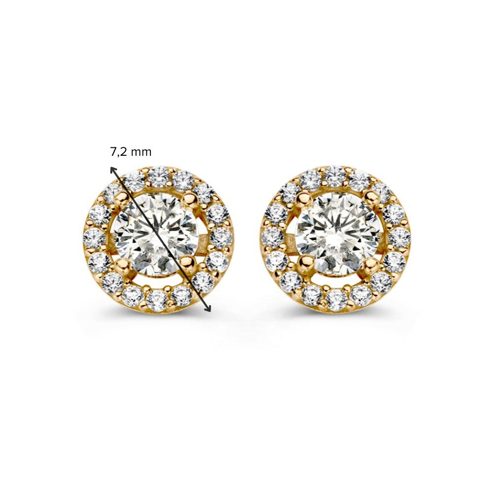 Orecchini a Perno in Oro Giallo con Zirconia in Montatura Halo – 14 Carati, Eleganza Senza Tempo
