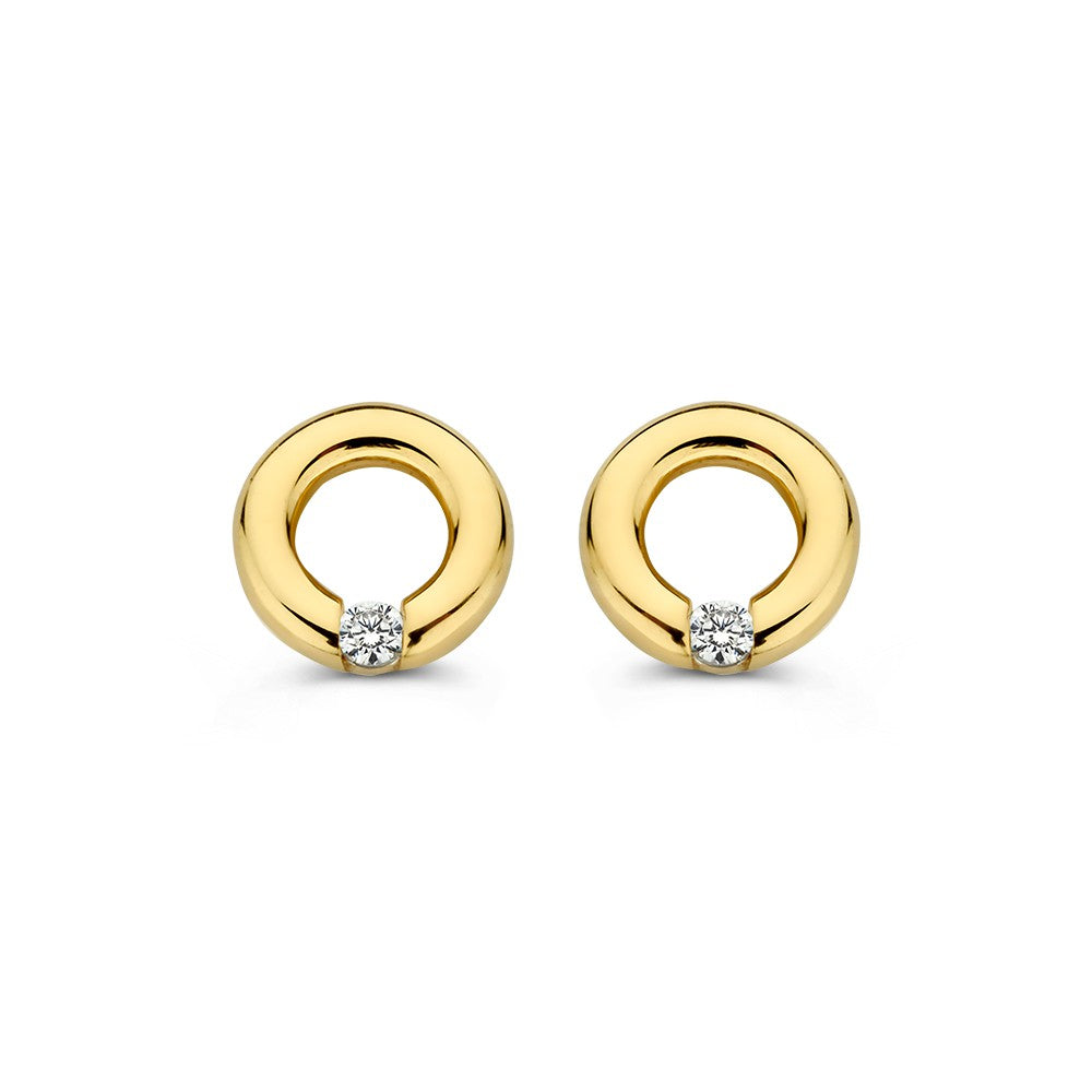 Orecchini in oro giallo 14 carati con zircone, forma rotonda e finitura lucida.