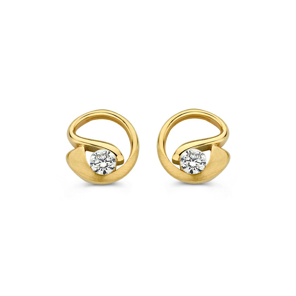 Orecchini in oro giallo opaco e lucido con zirconia, design a spirale.