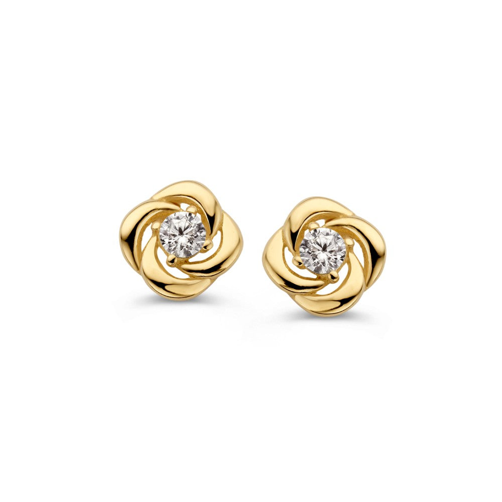 Orecchini a bottone in oro giallo a forma di fiore con zirconia, 14 carati.
