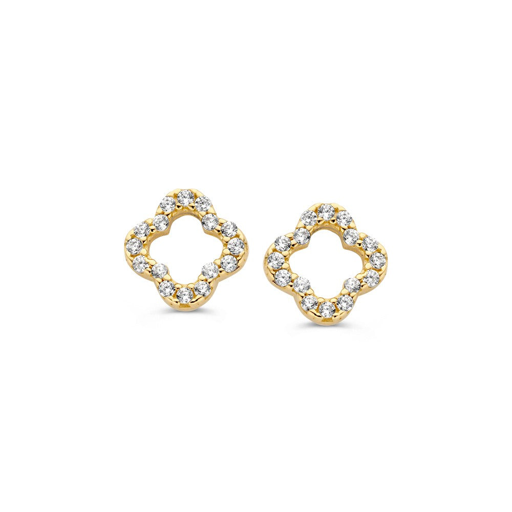Orecchini in oro giallo a forma di fiore aperto con zirconi.