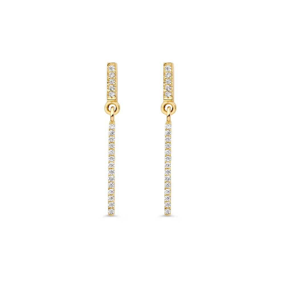 Orecchini in oro giallo con pendenti lunghi e zirconi, design elegante e raffinato.