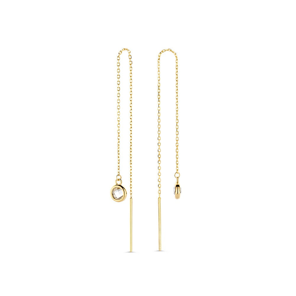 Orecchini pendenti in oro giallo 14 carati con zirconi, design lungo e delicato.