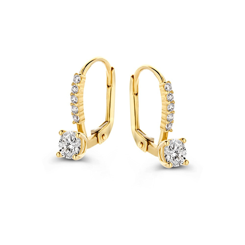 Orecchini in oro giallo 14 carati con zirconi, design a goccia con pietre brillanti.