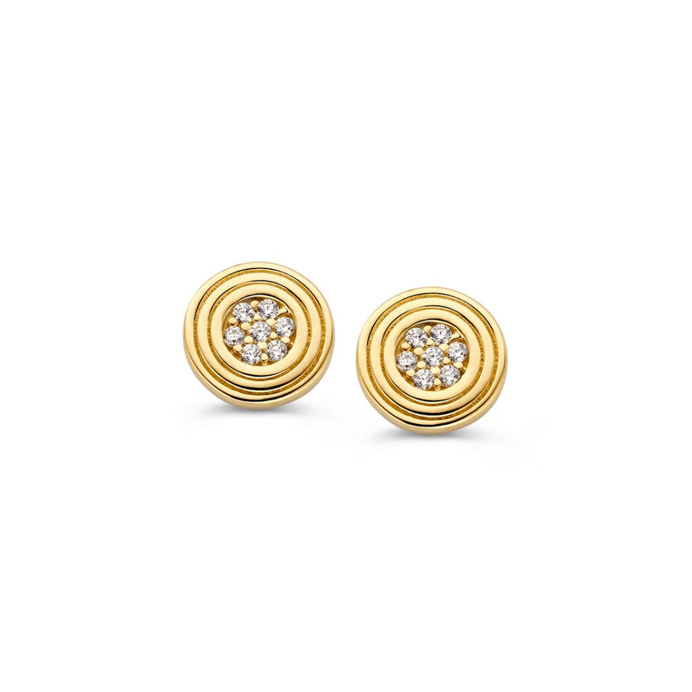 Orecchini rotondi in oro giallo 14 carati con zircone, design piatto e dettagli incisi.