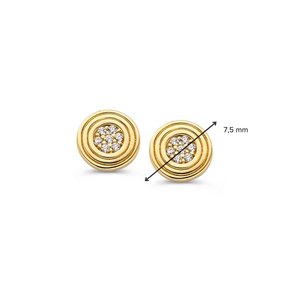 Orecchini a Bottone Rotondi in Oro Giallo con Zirconia – 14 Carati, Design Piatto