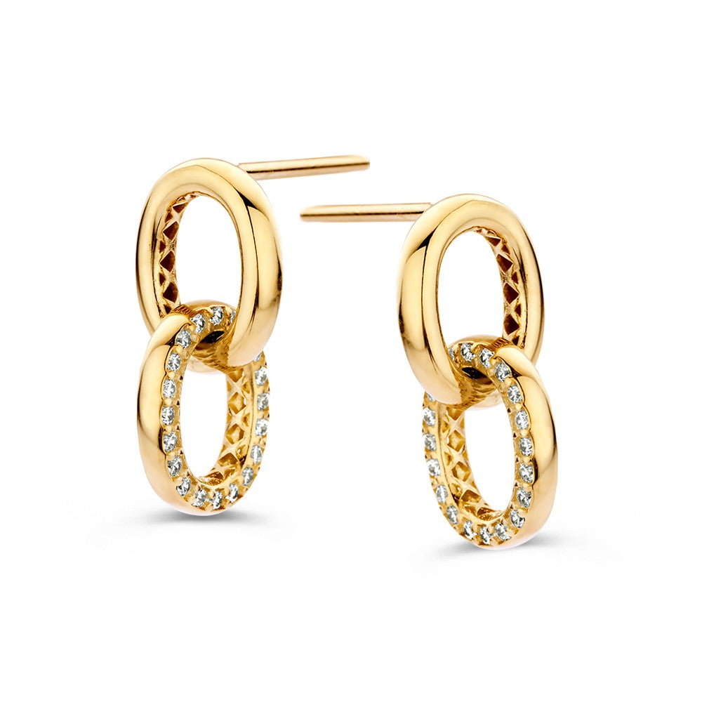 Orecchini in oro giallo con pendenti rotondi e zirconi, design giocoso e lussuoso.