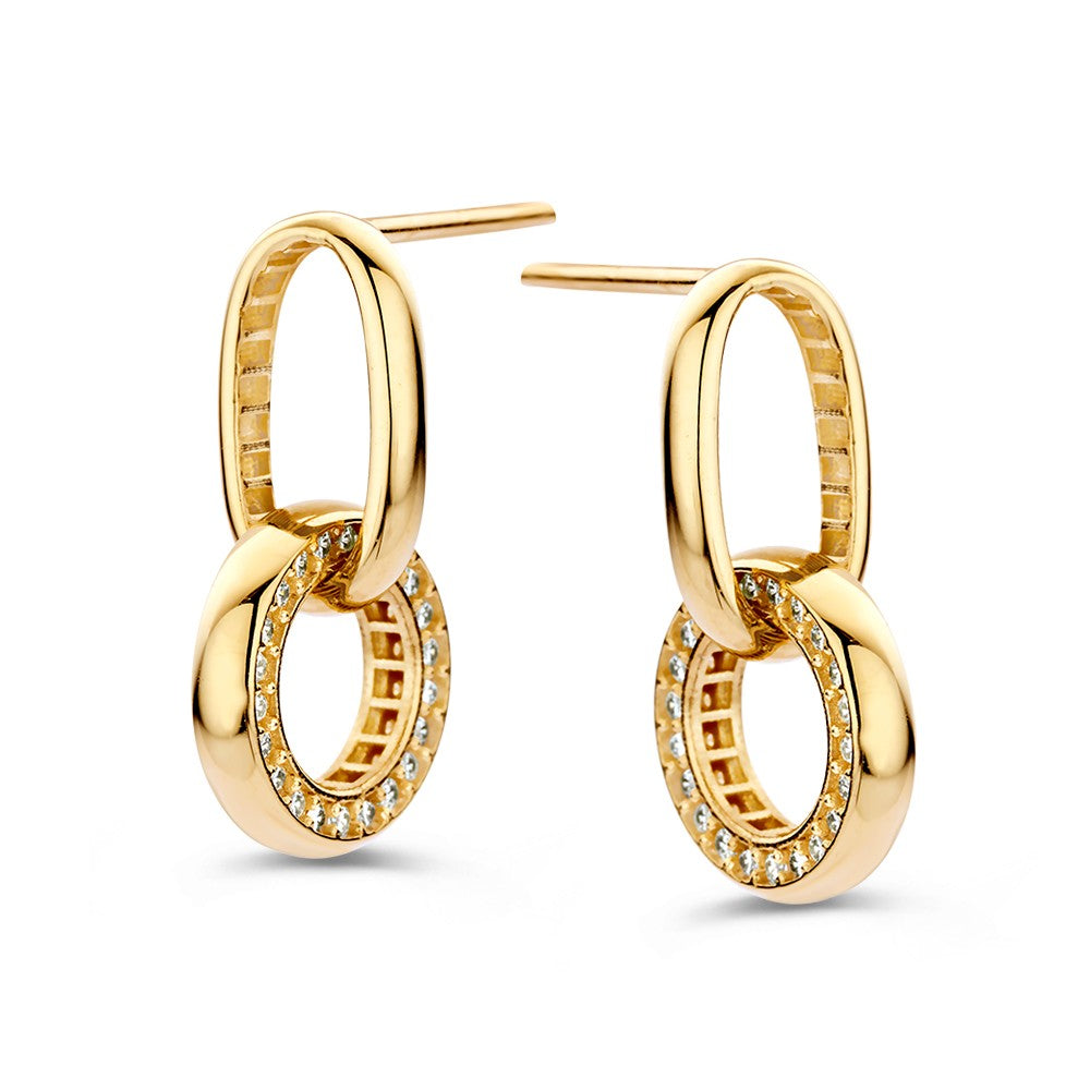 Orecchini in oro giallo con perle rotonde e zirconi, design giocoso e lussuoso.