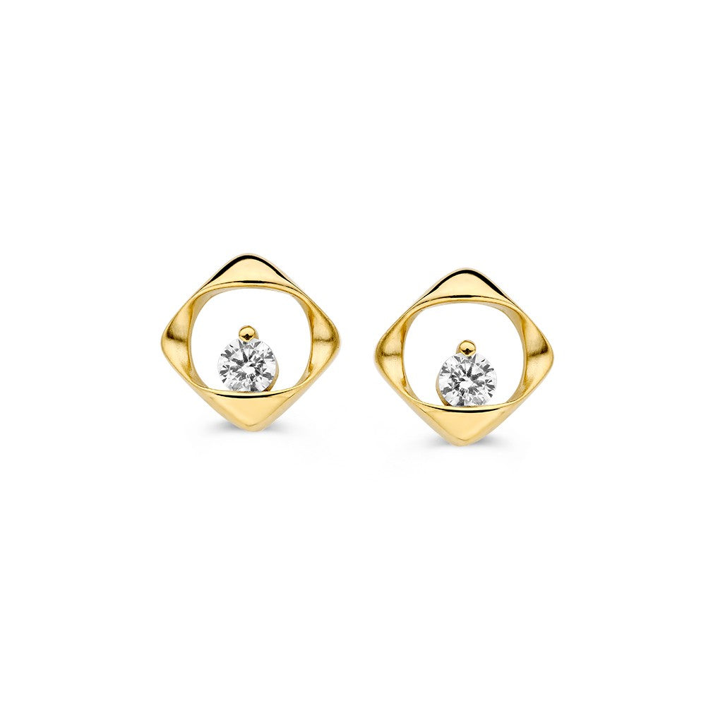 Orecchini in oro giallo con zircone, forma quadrata con pietra centrale.