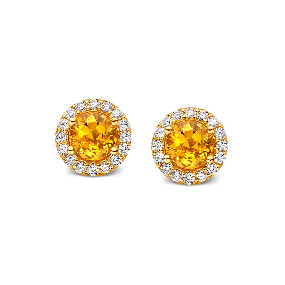 Orecchini in oro rosa con zaffiri arancioni e diamanti, forma rotonda con dettagli brillanti.