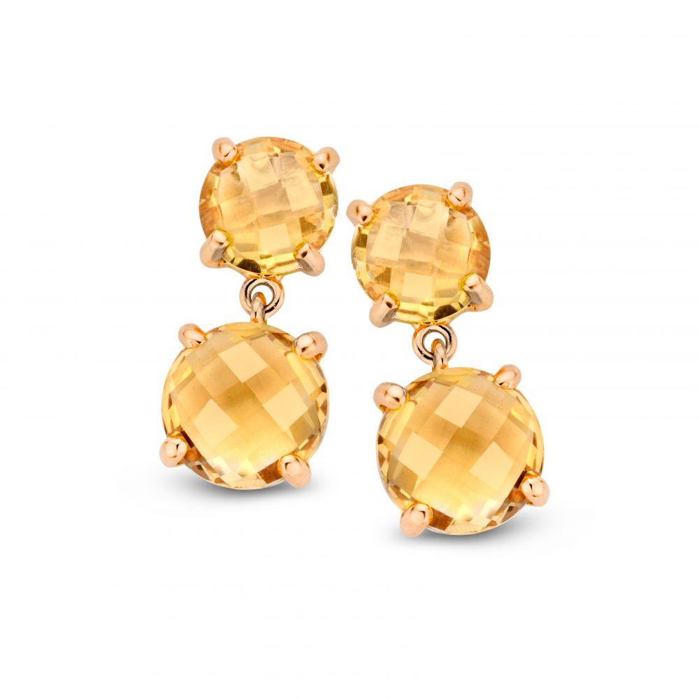Orecchini in oro giallo con citrino, dettagli arancioni e design a doppio cerchio.