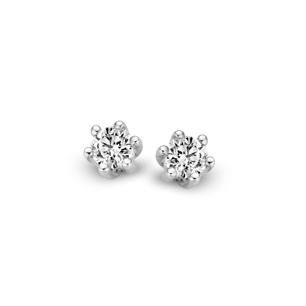 Orecchini solitari in oro bianco con diamanti, forma brillante, 14 carati.