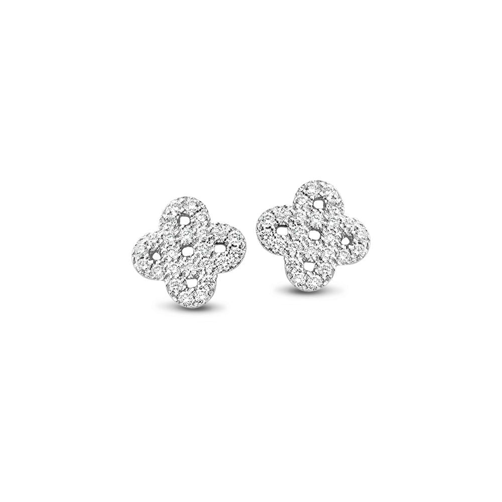 Orecchini in oro bianco con diamanti, forma a fiore, 0,14 ct di brillante.