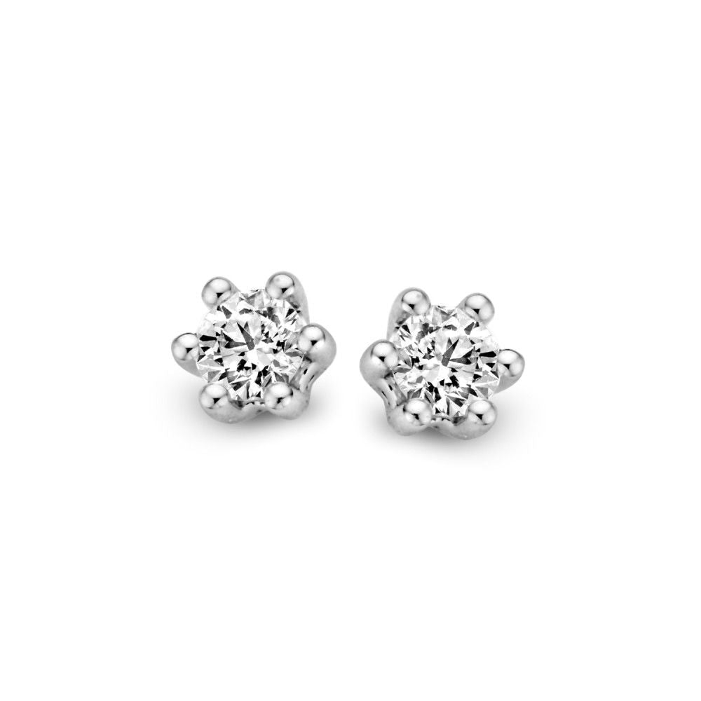 Orecchini in oro bianco con diamanti brillanti, montatura a sei griffe, 0,20 ct.