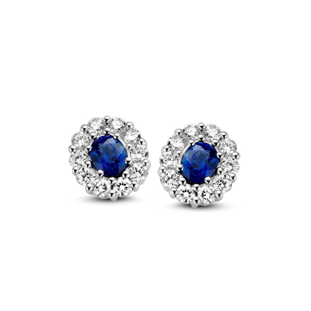 Orecchini in oro bianco con zaffiro e diamanti in incastonatura a entourage, 14 carati, 0,50 ct.