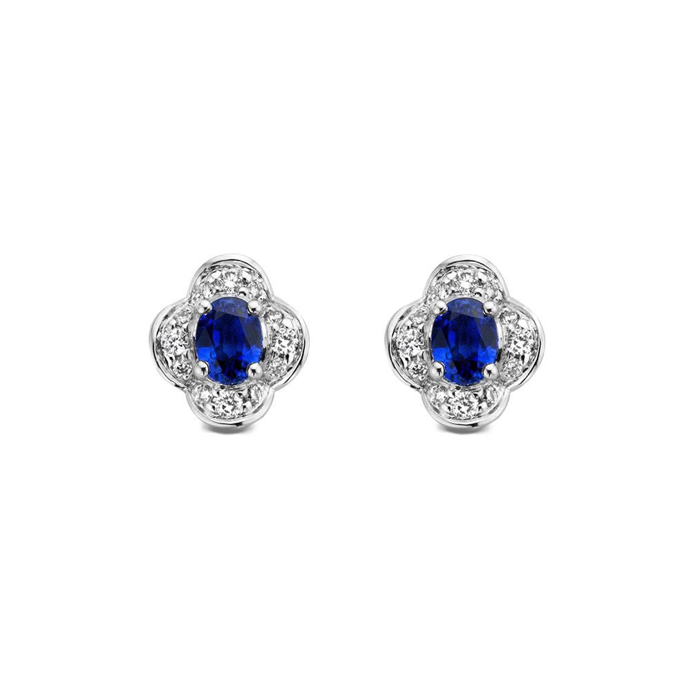 Orecchini in oro 14K con zaffiro blu da 0,70 crt e diamanti da 0,12 crt, design floreale.
