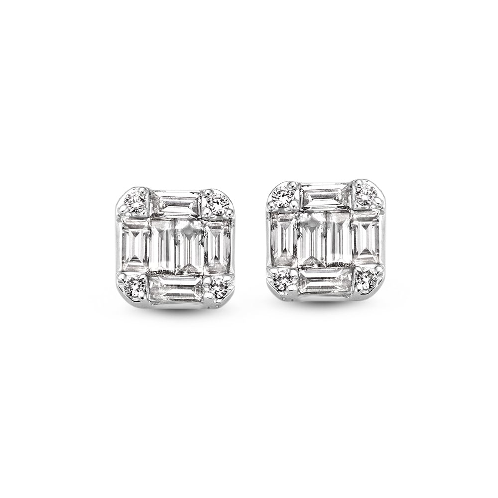 Orecchini in oro bianco con diamanti baguette, 0,68 ct, design quadrato.