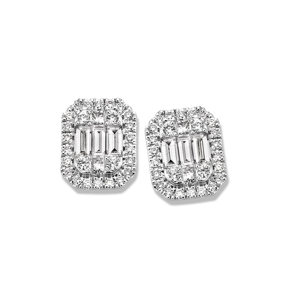 Orecchini in oro bianco con diamanti baguette, 0,80 crt, forma quadrata con dettagli brillanti.