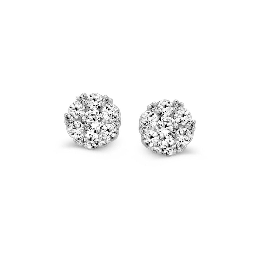 Orecchini in oro bianco con zirconi, design a rosetta, diametro di 6 mm.