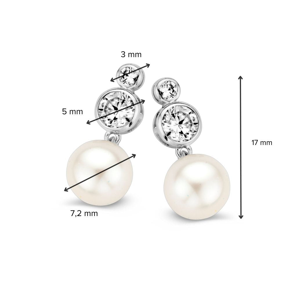 Orecchini a perno in oro bianco con zircone e perla – Orecchini da donna 14K, 17 mm, Set con farfalline