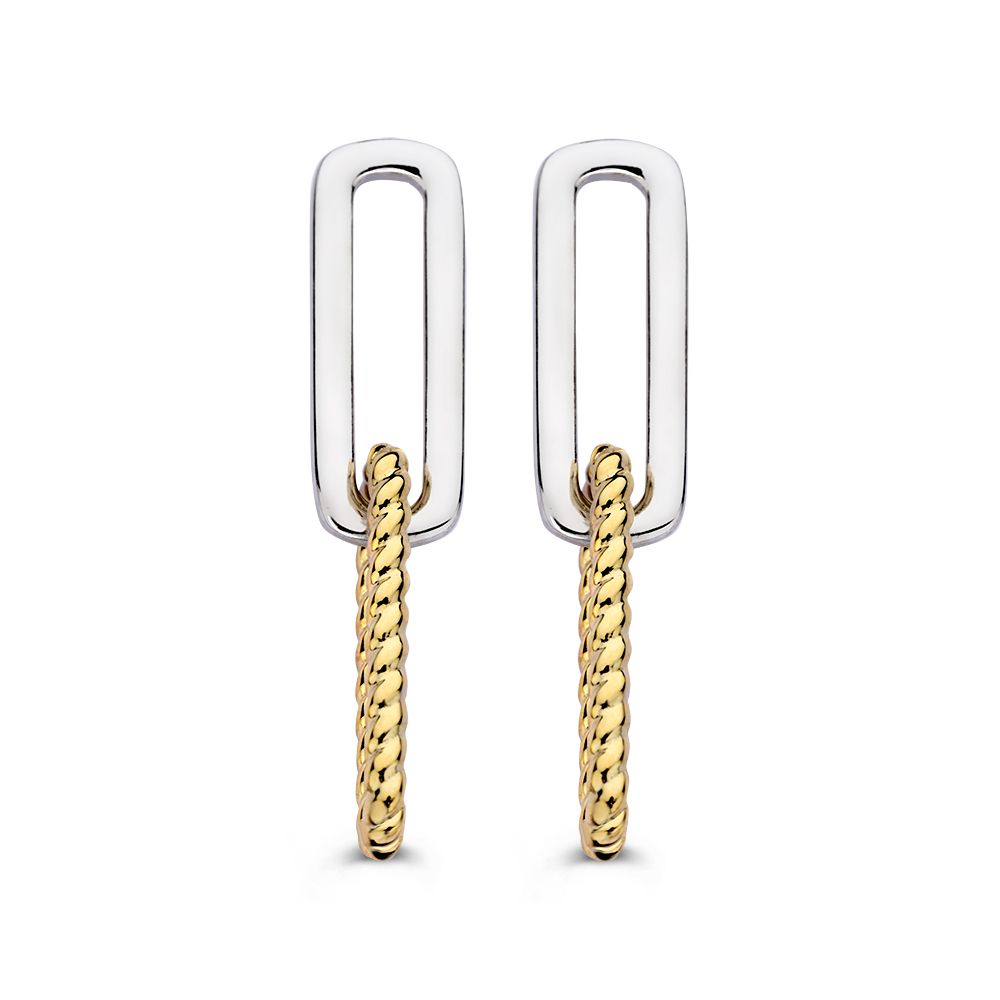 Orecchini argentati con catene in oro 14K, design semplice e moderno, lunghezza 30 mm.