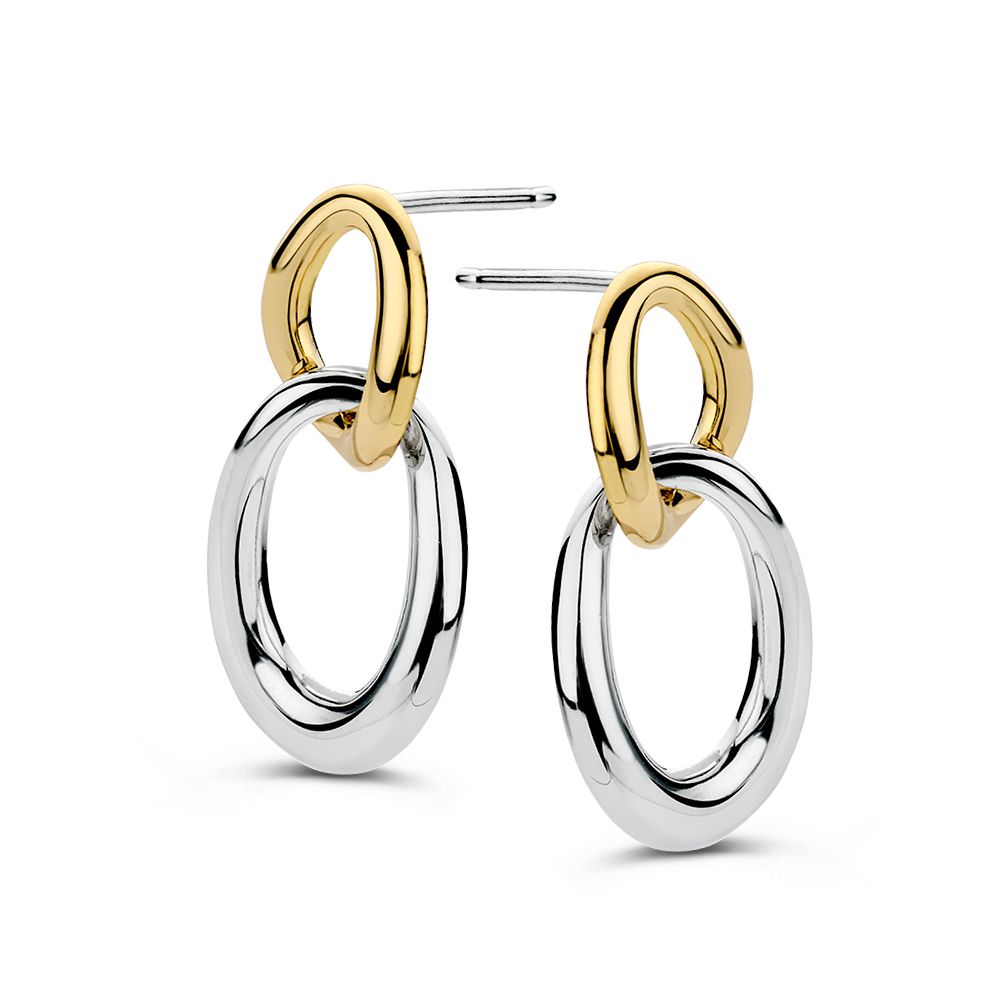 Orecchini argentati con anelli dorati, design a catena, lunghezza 26 mm.