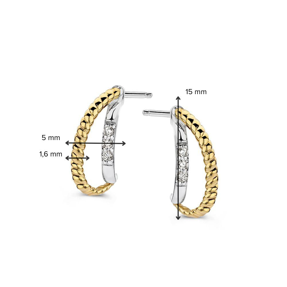 Orecchini a Lobo in Argento con Fascia Dorata Ritorta e Zircone – 15 mm