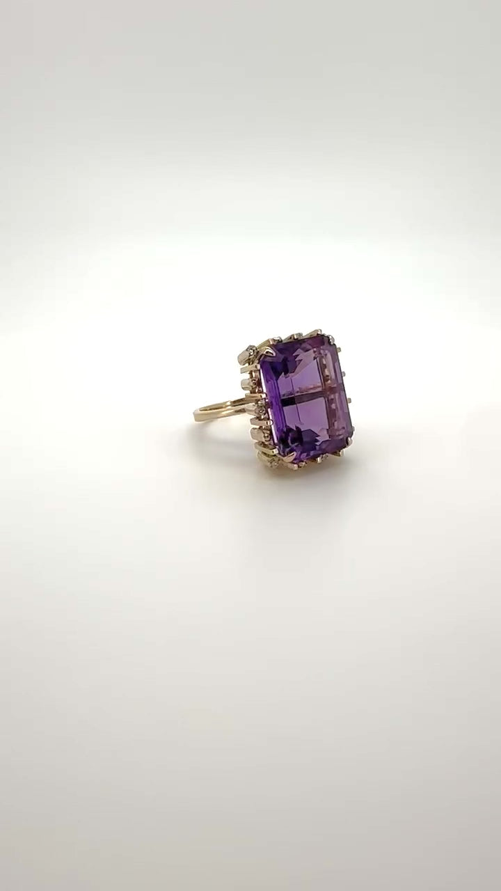 anello vintage in oro con ametista e diamante 14k 10.7gr