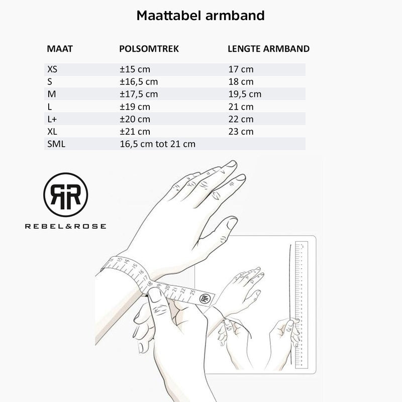 De Rebel & Rose Silver Shine - 4mm Kralen Armband Dames maattabel toont XS-XL polsomtrekken in cm, bijpassende armbandlengtes, plus een handillustratie voor het opmeten van de perfecte dames armband pasvorm.