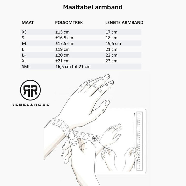 De Rebel & Rose Silver Shine - 4mm Kralen Armband Dames maattabel toont XS-XL polsomtrekken in cm, bijpassende armbandlengtes, plus een handillustratie voor het opmeten van de perfecte dames armband pasvorm.