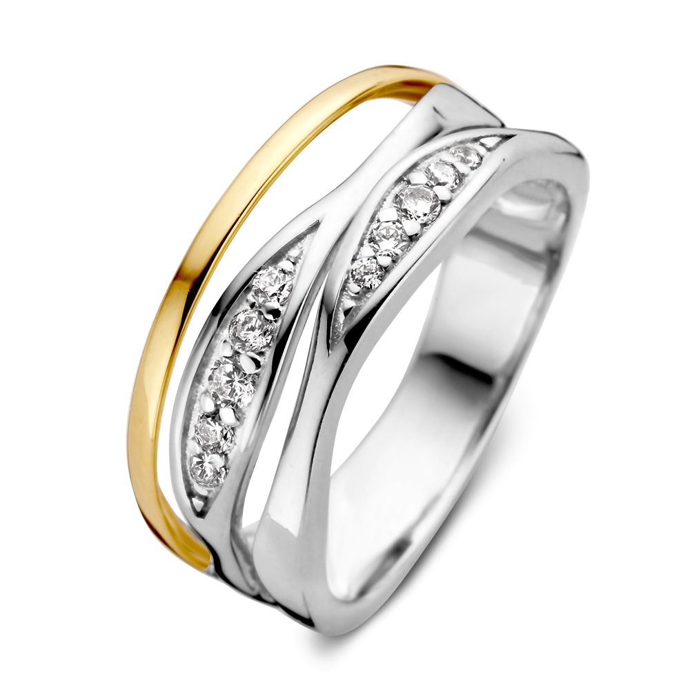 Anello da donna in argento rodiato con dettagli in oro giallo e zirconi, design elegante e raffinato.