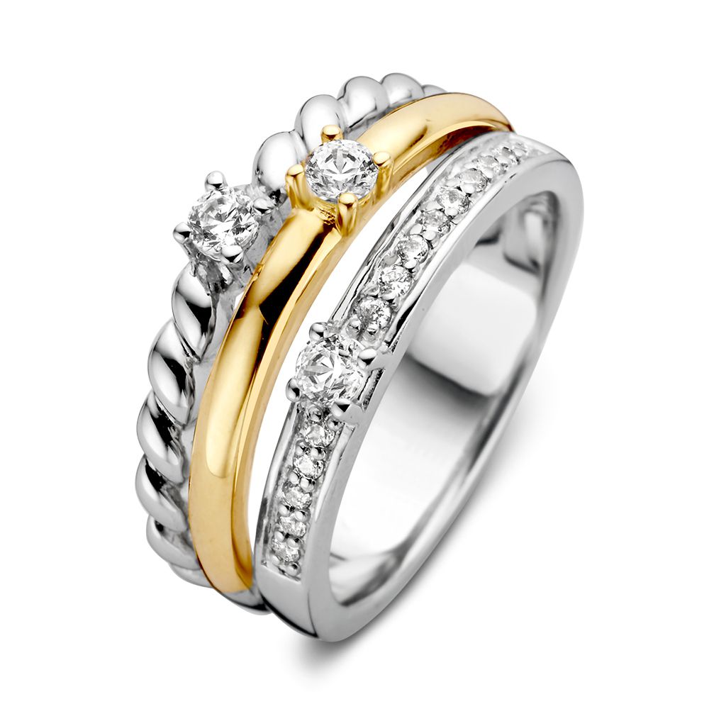 Anello in argento e oro giallo 14 carati con zircone, design intrecciato e dettagli brillanti.
