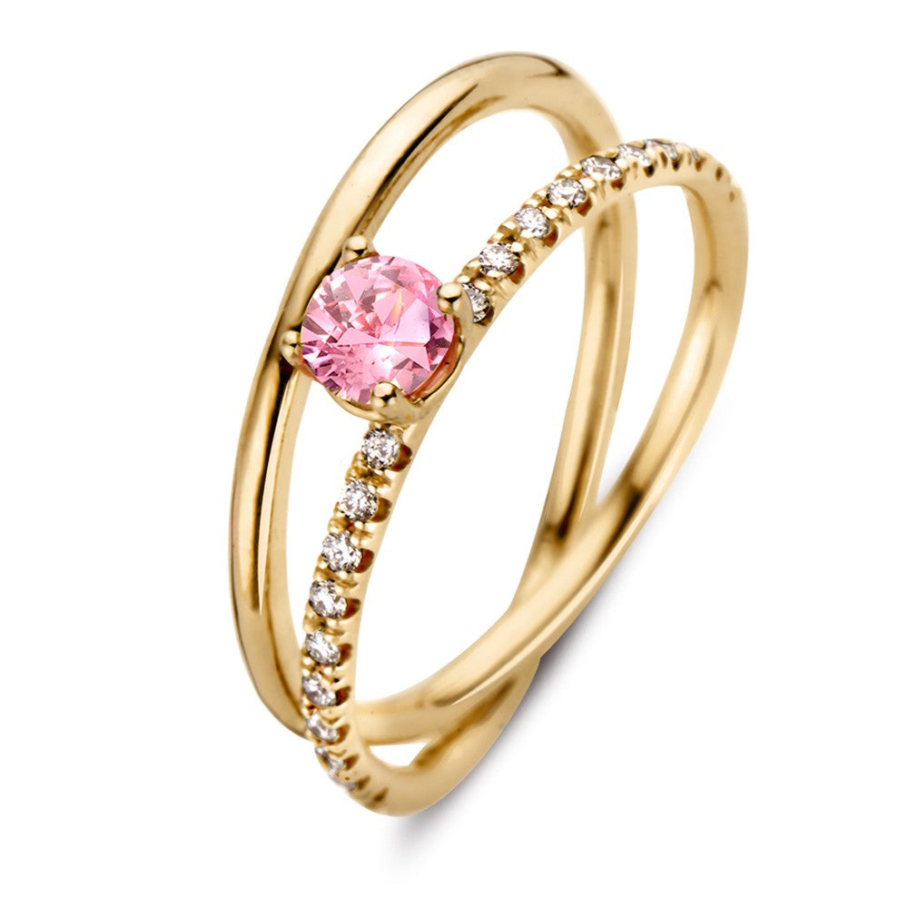 Anello in oro giallo 18kt con zaffiro rosa e diamanti, design a doppio filo.