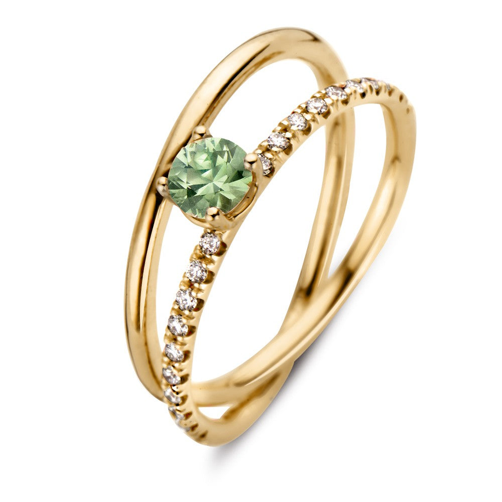 Anello in oro rosa 18kt con zaffiro verde e diamanti, design a doppia fascia.