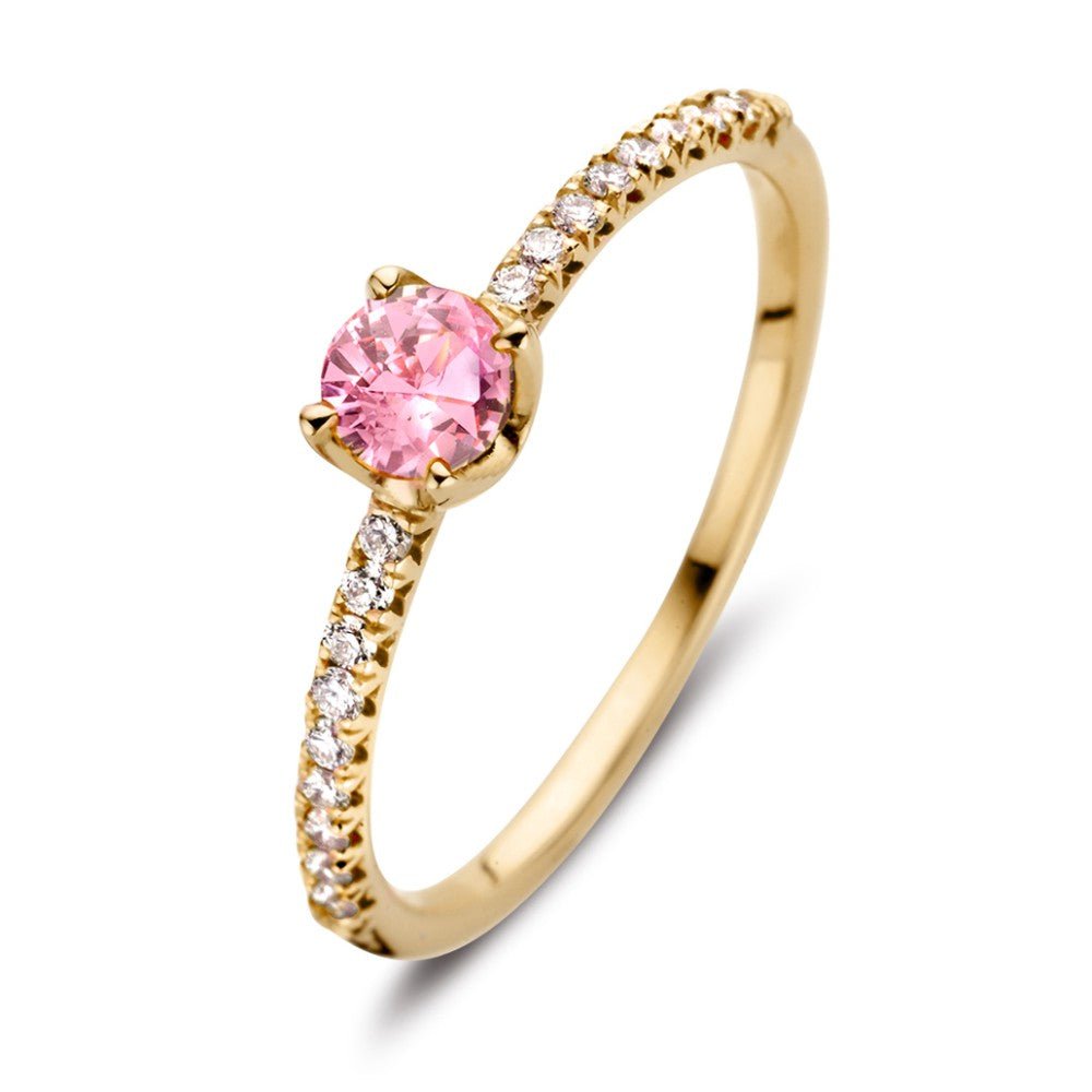 Anello in oro giallo 18kt con zaffiro rosa e diamanti da 0,15 ct, design elegante.