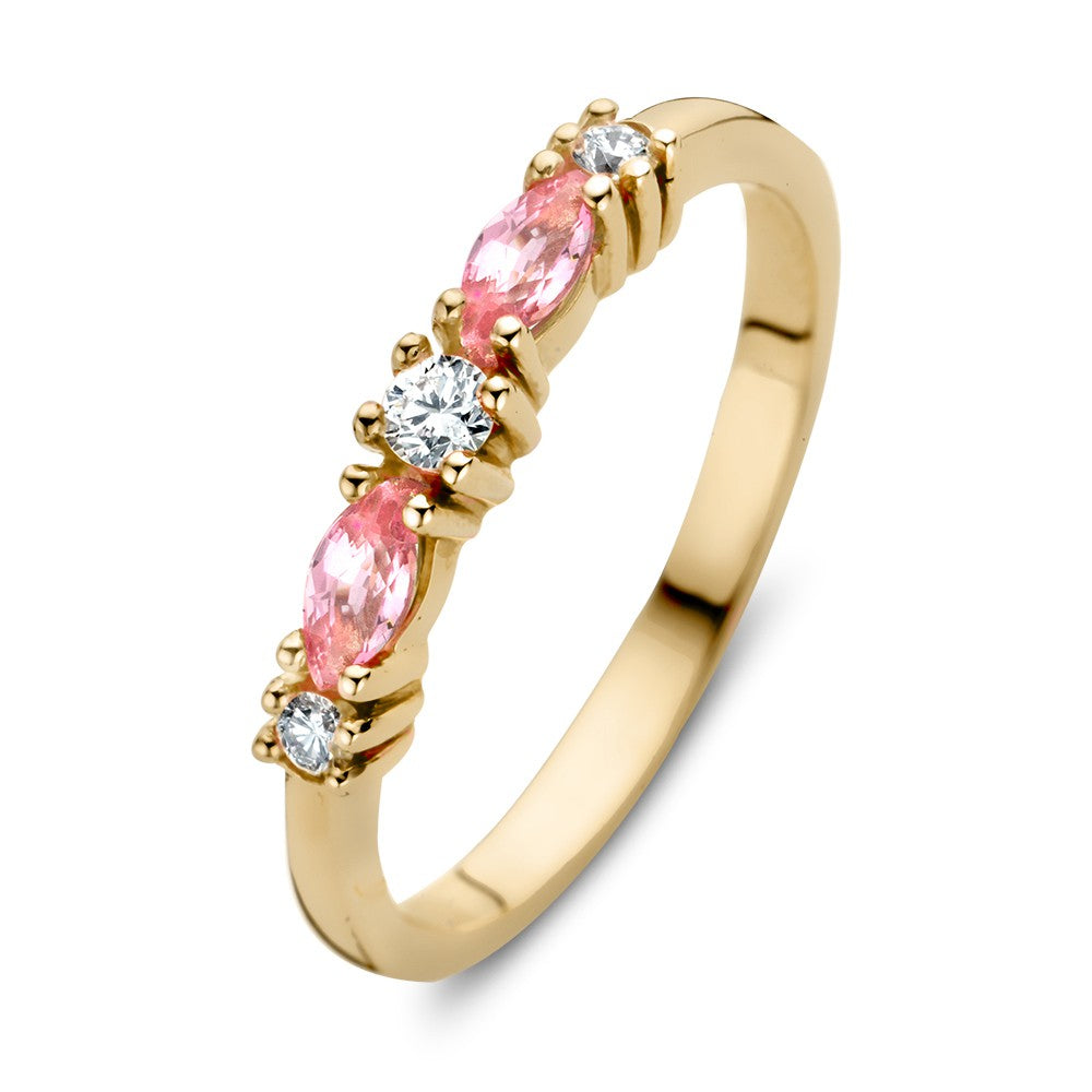 Anello in oro giallo 18 kt con tre diamanti e due zaffiri rosa a forma di marquise.