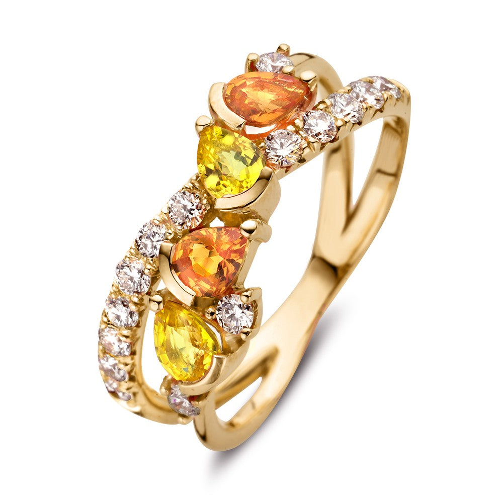 Anello in oro giallo 18 kt con zaffiri arancioni e gialli e diamanti.